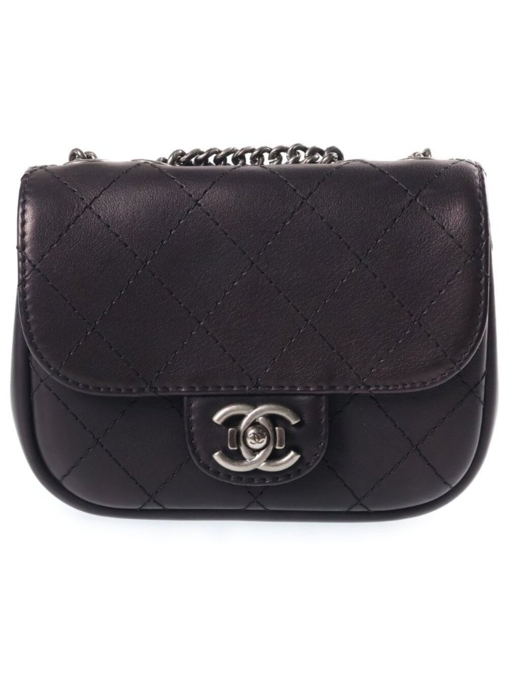 Chanel Wild Stitch Chain Shoulder Bag Silver Black Leather